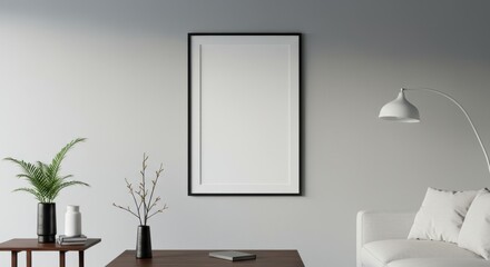 Blank poster mock up with black frame on the wall in living room interior