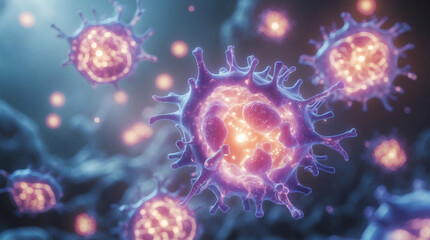 Microscopic view of vibrant, bioluminescent cells. Intricate structures and glowing cores are visible, suggesting a complex biological process.