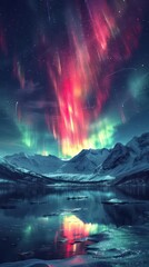 A stunning display of the aurora borealis over snow-capped mountains and a reflective lake.