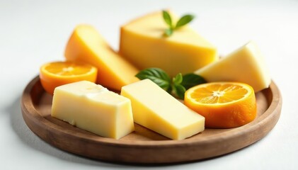 Elegant cheese platter, various cheeses, white backdrop , milk, appetizer