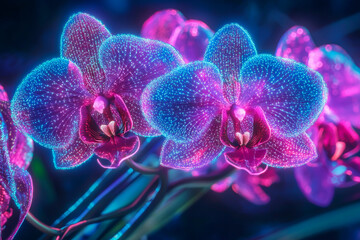 Plakat Futuristic neon blue and pink orchids glowing in the dark