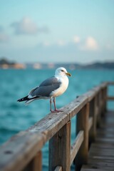 Fototapeta premium A lone seagull perched on a weathered wooden dock railing, seagull, sunset