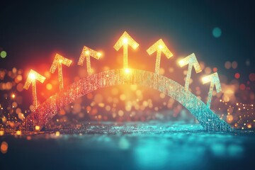 Full-resolution clipart of a bridge formed by upward arrows connecting to success symbols, gradient colors with intricate texturing, softly-lit background enhancing icon sharpness,