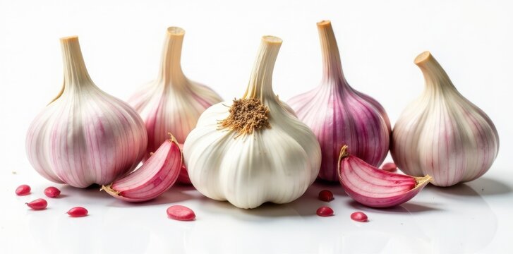 Aromatic garlic bulbs in a symmetrical arrangement on a white background, with some bulbs slightly overlapping , flavor, white