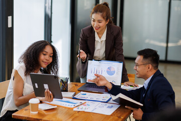 Financial Business analyze the graph of the company's performance to create profits and growth, Market research reports and income statistics, Financial and Accounting meeting concept.	
