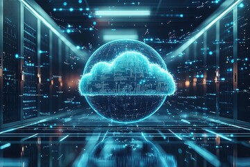A 3D sphere, cloud-like and pulsating with data, represents a vast server farm, its core powered by the intricate workings of machine learning technology.