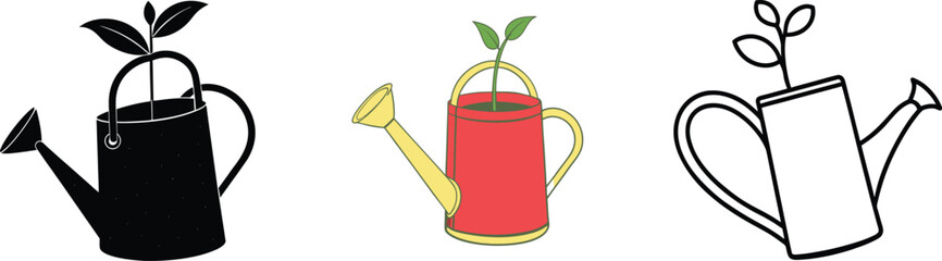 Watering Can Illustrations Black, Red, Outline, Sprout, Growth