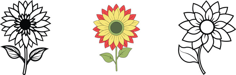 Three Sunflower Drawings Line Art, Color, and Outline