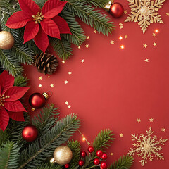 Warm Holiday Background Red Christmas Festive Design with Poinsettia, Pine, and Ornaments