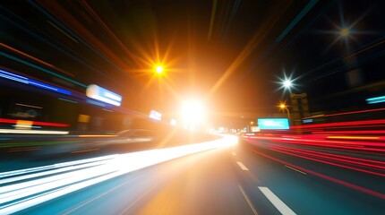 A 3D rendering of miscellaneous creative concepts as a long exposure photograph showing bright lens flare, light streaks, vibrant colors, and capturing motion or light trails