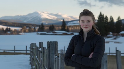 Fototapeta premium Young Woman in Black Jacket Winter Landscape Snow Mountains