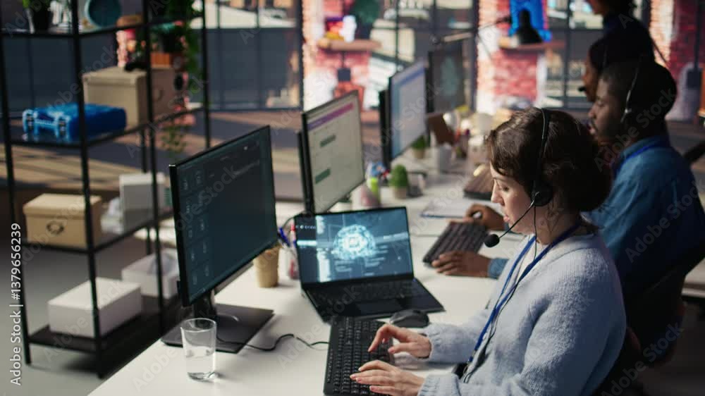 Poster technical support specialist in call center office doing troubleshooting helped by artificial intell