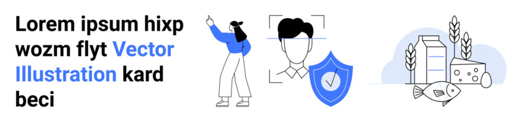 Woman pointing at text, facial recognition with shield icon, and fish, milk, and crops for sustainability and agriculture. Ideal for identity, security, data, AI agriculture food simple landing