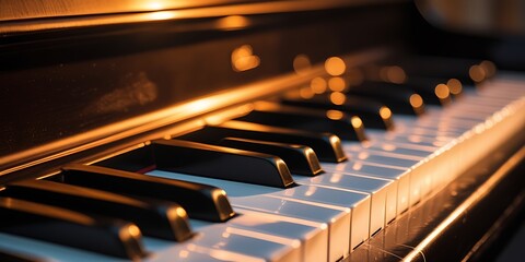 Artistic view of piano keys with golden light accentuating the contrast between black and white keys, emphasizing the timeless elegance of classical music instruments.

