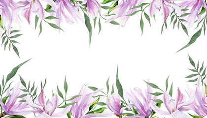 Obraz premium Watercolor illustration of magnolia frame. Botanical seamless border of pink flowers and green leaves. Homedecor on isolated background. Drawing for photo wallpaper, scrapbooking.