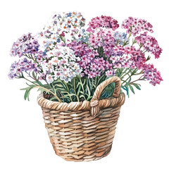 A watercolor vector illustration of Yarrow bouquet in a basket, isolated on a white background.

