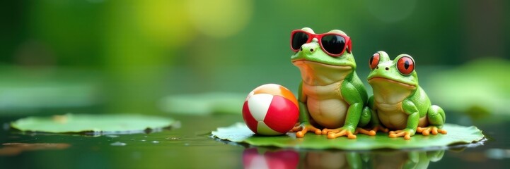 Frogs sitting on a lily pad with sunglasses and a beach ball, beach scene, frogs