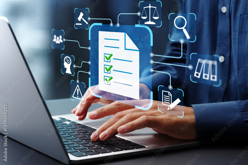 Aufkleber Compliance management and legal document automation. Audit management and regulatory compliance. Businessman using laptop computer to make legal documents.