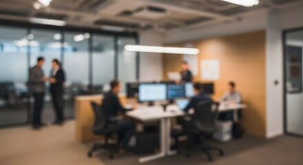 Dynamic office scene with professionals engaged in discussions and focused on tasks, suitable for leadership, management, and corporate strategy themes.