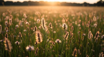 Sharp focus on a golden field of wildflowers at sunset, ideal for nature, agriculture, and floral themes.