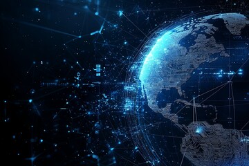 Obraz premium A sleek, modern futuristic hud background, dominated by a world globe, a blockchain polygon, and a peer-to-peer network of cryptocurrency, signifying the future of global