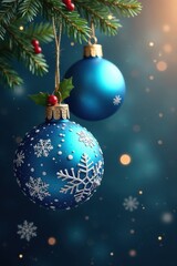 Hanging blue ornaments with snowflakes and holly, ornaments, christmas