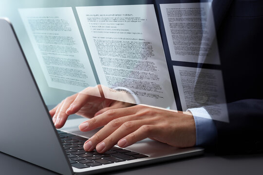 Preparing documents and writing report. Documentation. Hands typing on laptop computer keyboard. Businessman in suit working at desk in office.