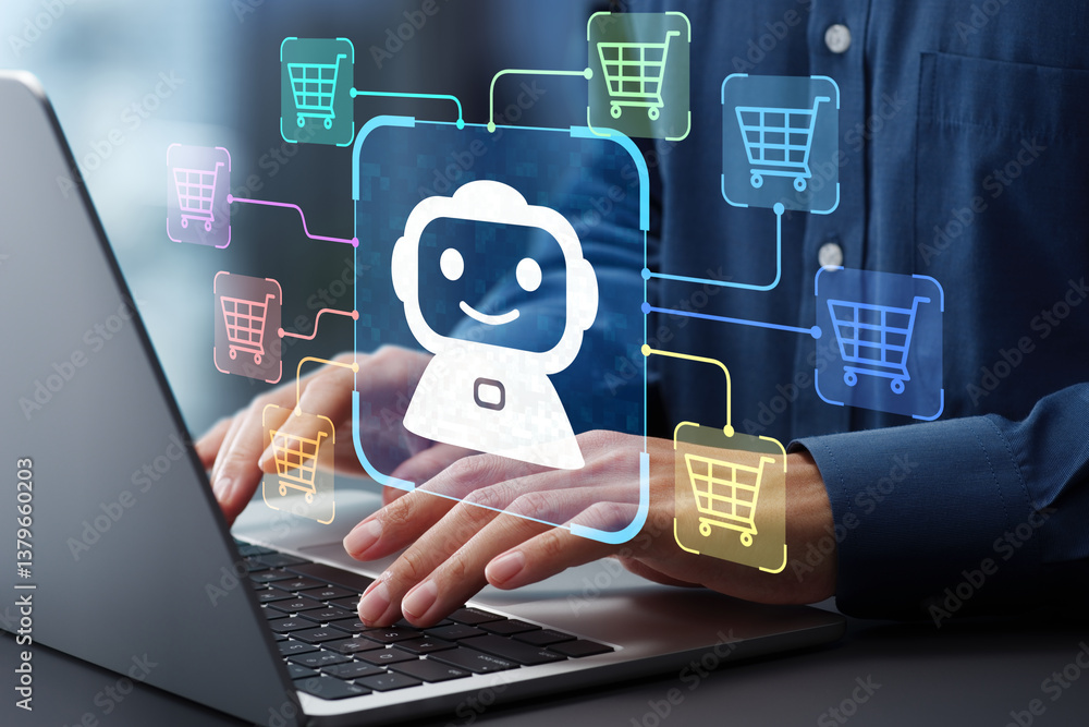 Poster AI agent shopping and booking on internet. Man using laptop computer to give instructions to AI at desk.