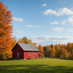 Obraz premium Autumn landscape with little red barn. Colorful orange and yellow fall leaves. Banner format