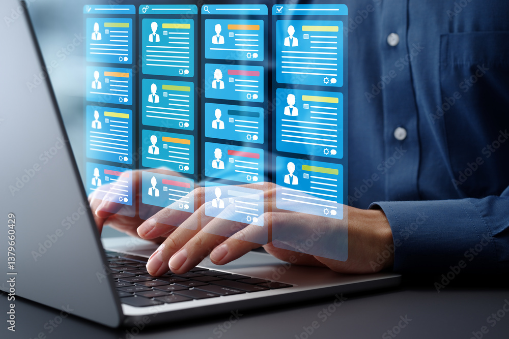 Poster Task management and to-do list software dashboard. Project management and team collaboration. Businessman using laptop computer for managing tasks and projects.