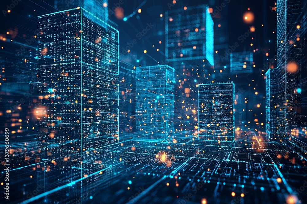 Poster a digital metropolis, where interconnected cubes of data and blockchain technology shimmered, formin