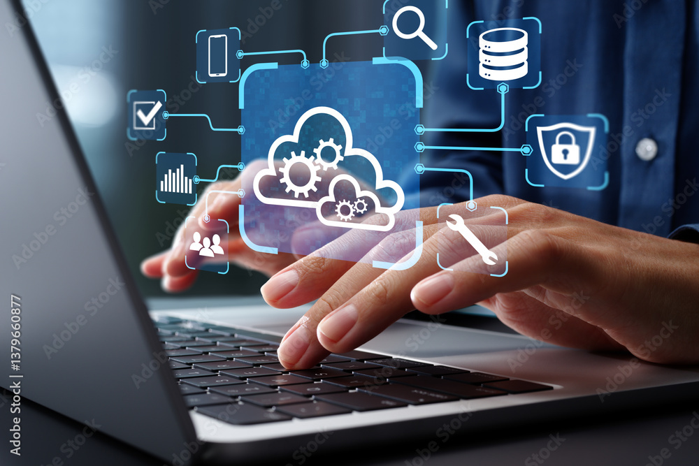 Leinwandbilder Cloud orchestration and interoperability. Cloud automation management and integration. Businessman using laptop computer to manage cloud computing systems.