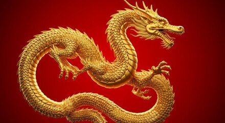 Fototapeta premium Golden Dragon on red background. 3d rendering and illustration