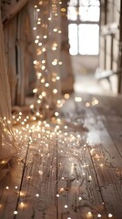 Fototapeta premium A serene hallway adorned with twinkling fairy lights on a wooden floor.
