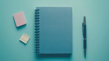 Blue Notebook, Eraser, Pen on Teal Desk