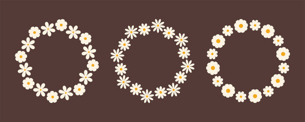 Groovy flower circle frame set. Floral simple circle frame. Hand drawn botanical round border, laurel, wreath with flowers illustration for wedding invitation, card, logo