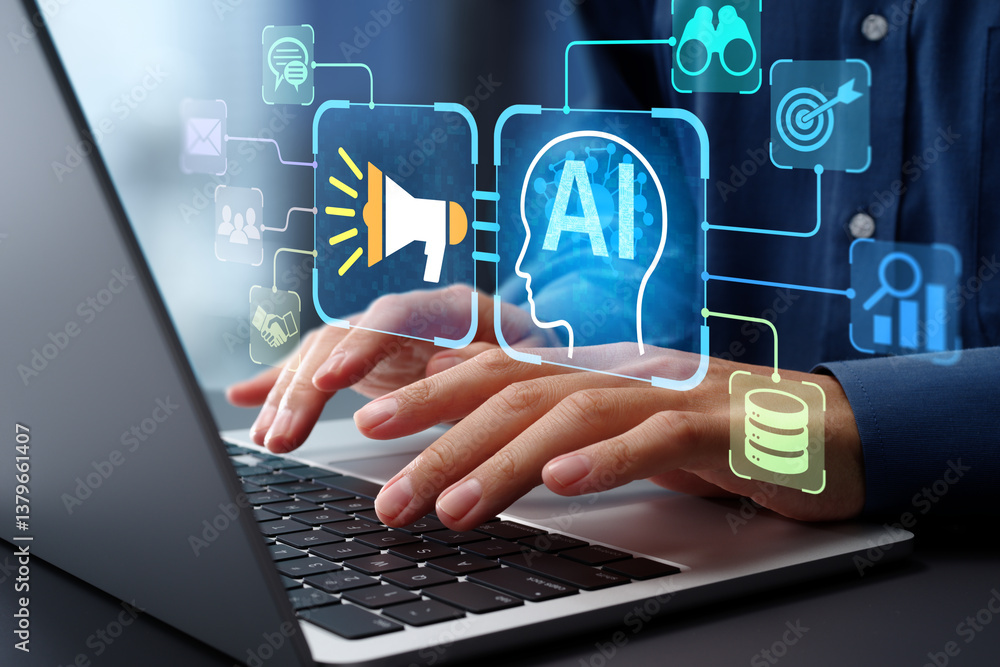 Leinwandbilder AI agent and marketing promotion automation technology. Advertisement AD and campaign management. Businessman using laptop computer to give instructions to artificial intelligence at desk in office.