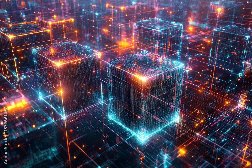 Poster a vibrant, three-dimensional array of sleek, hi-tech cube blocks, their edges glowing with an ethere