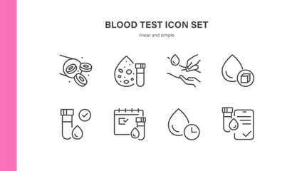 Blood Test Vector Icons Set. Medical Sampling, Glucose Detection, Hemoglobin Analysis and Laboratory Procedures. Editable Linear Icons Collection.