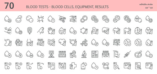 Blood Tests Icons Set. Linear Illustrations of Blood Cells, Types, Glucose Meters, Sampling, Organs, Microscope, DNA, Results, Vials, Syringes, Analysis and Checkup Tools