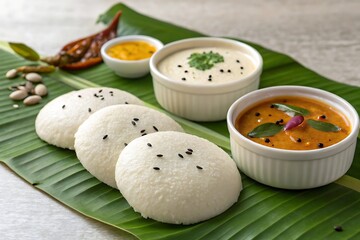 Delicious South Indian Idli with Sambar and Chutney on Banana Leaf – Traditional Breakfast