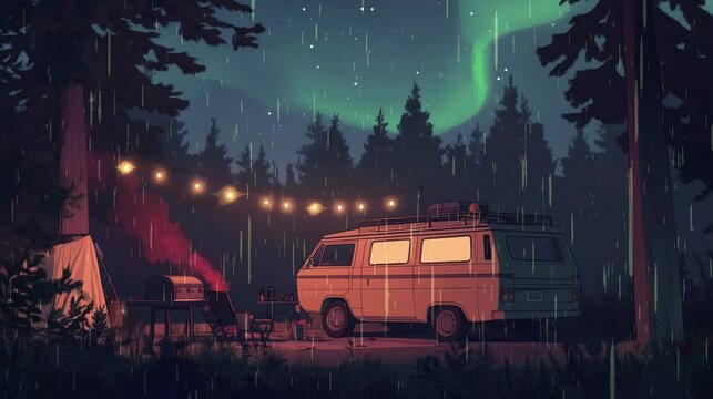 A cozy camper with light and beautiful starry night sky. Rainy Aurora night  landscape footage for ASMR. lofi art, , lights, lofi, lo-fi, lofi art, animation