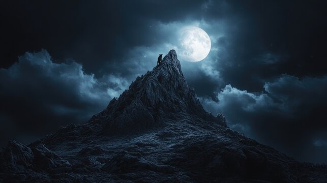 Dark, moonlit mountain peak with lone figure