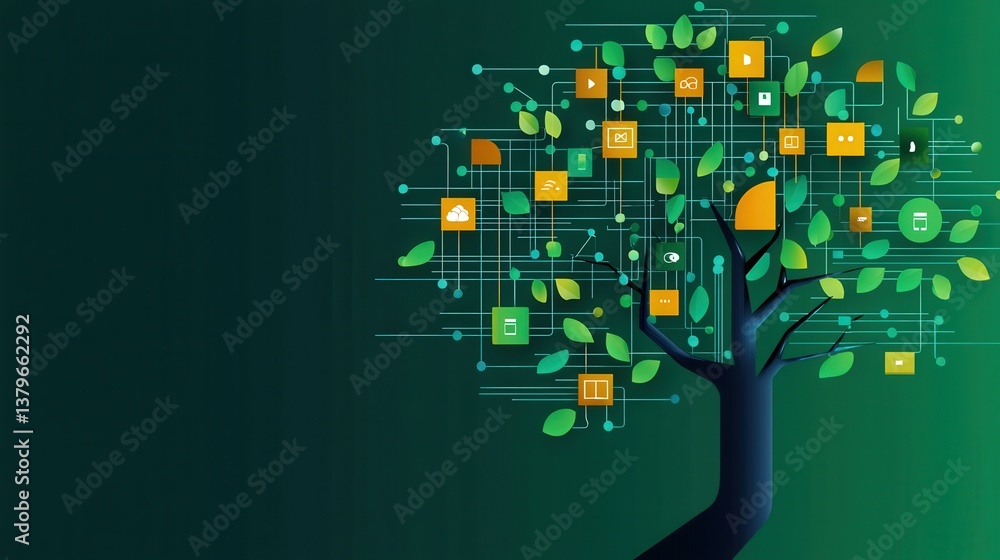 Poster tree with binary leaves, symbolizing technology-driven sustainability.