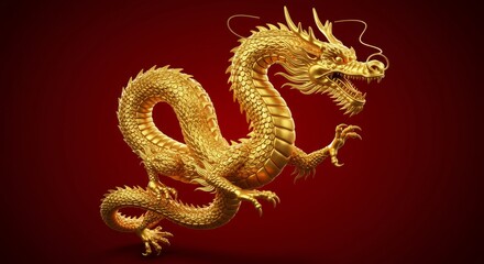 Obraz premium Golden Dragon on red background. 3d rendering and illustration