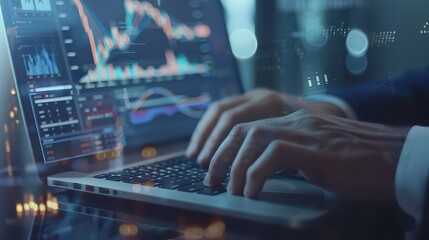 A close-up of a businessman hands typing on a laptop keyboard with financial charts on the screen. 