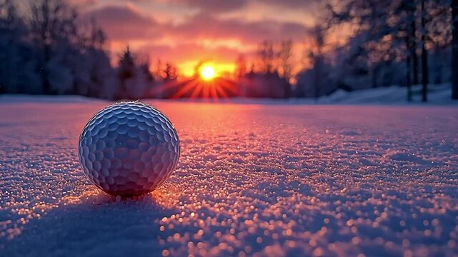 Golf Ball on Snowy Course at Sunset
