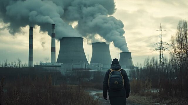 A man wearing a gas mask is carefully observing an industrial power plant that is surrounded by a polluted atmosphere