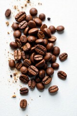 Raw coffee beans scattered on a white surface, texture, coffee beans