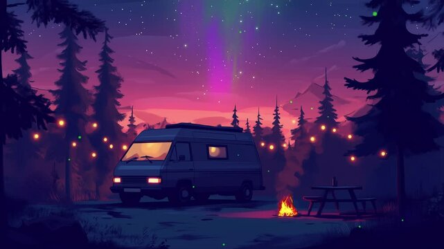 A cozy camper with fireflies and a bonfire against a beautiful starry night sky.night  landscape footage for ASMR. lofi art, , lights, lofi, lo-fi, lofi art, animation